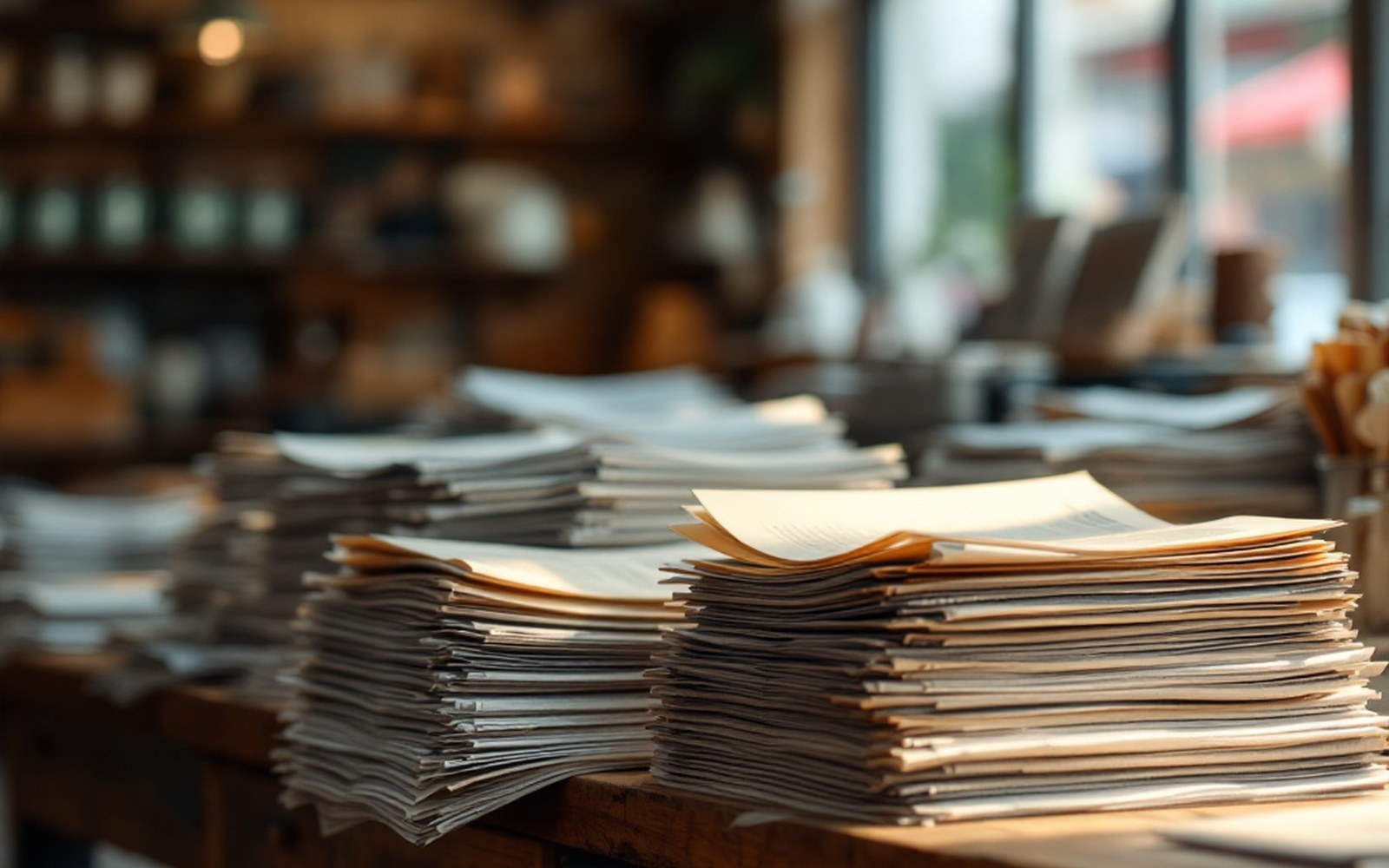 A stack of newsprint pamphlets with sun-faded spines on a wooden shop counter, daylight