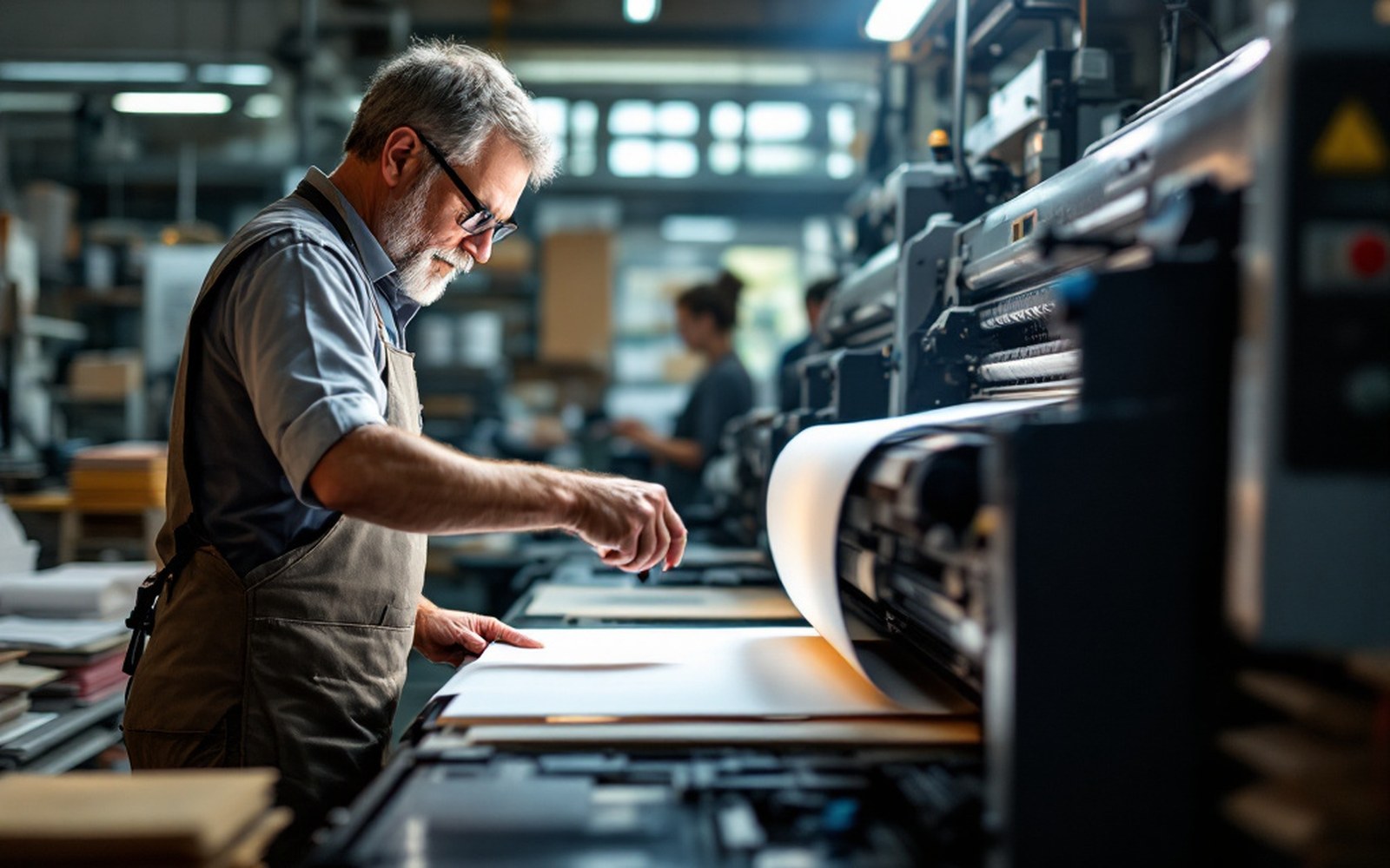 A sheetfed printing press running a colour job, an adult printer checking a pulled sheet under the light