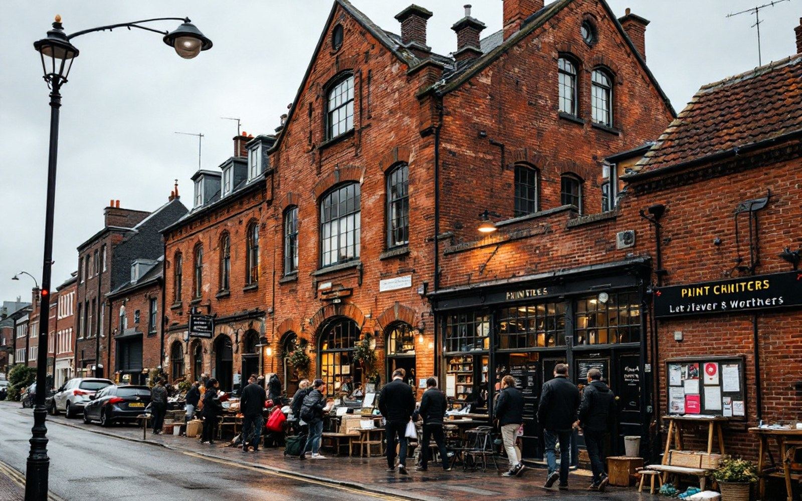 A brick industrial printing works building seen from the street, European town, overcast