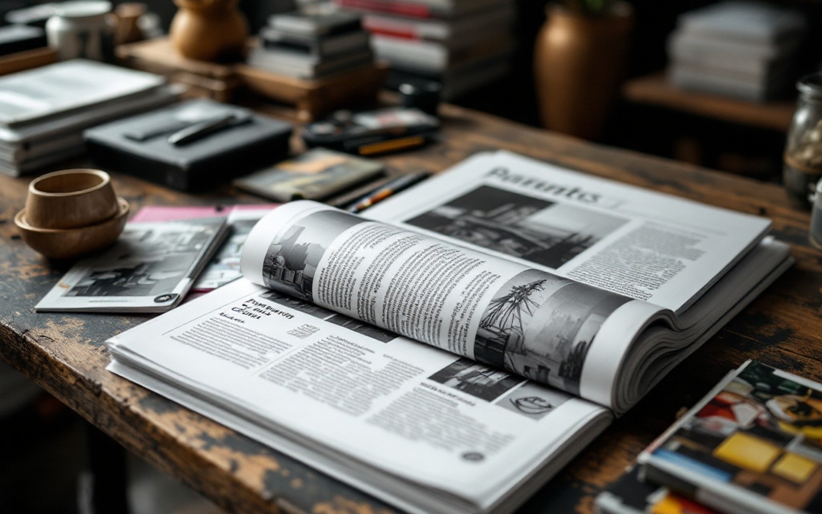 A tall black-and-white magazine-format publication lying on a table beside smaller colour pamphlets