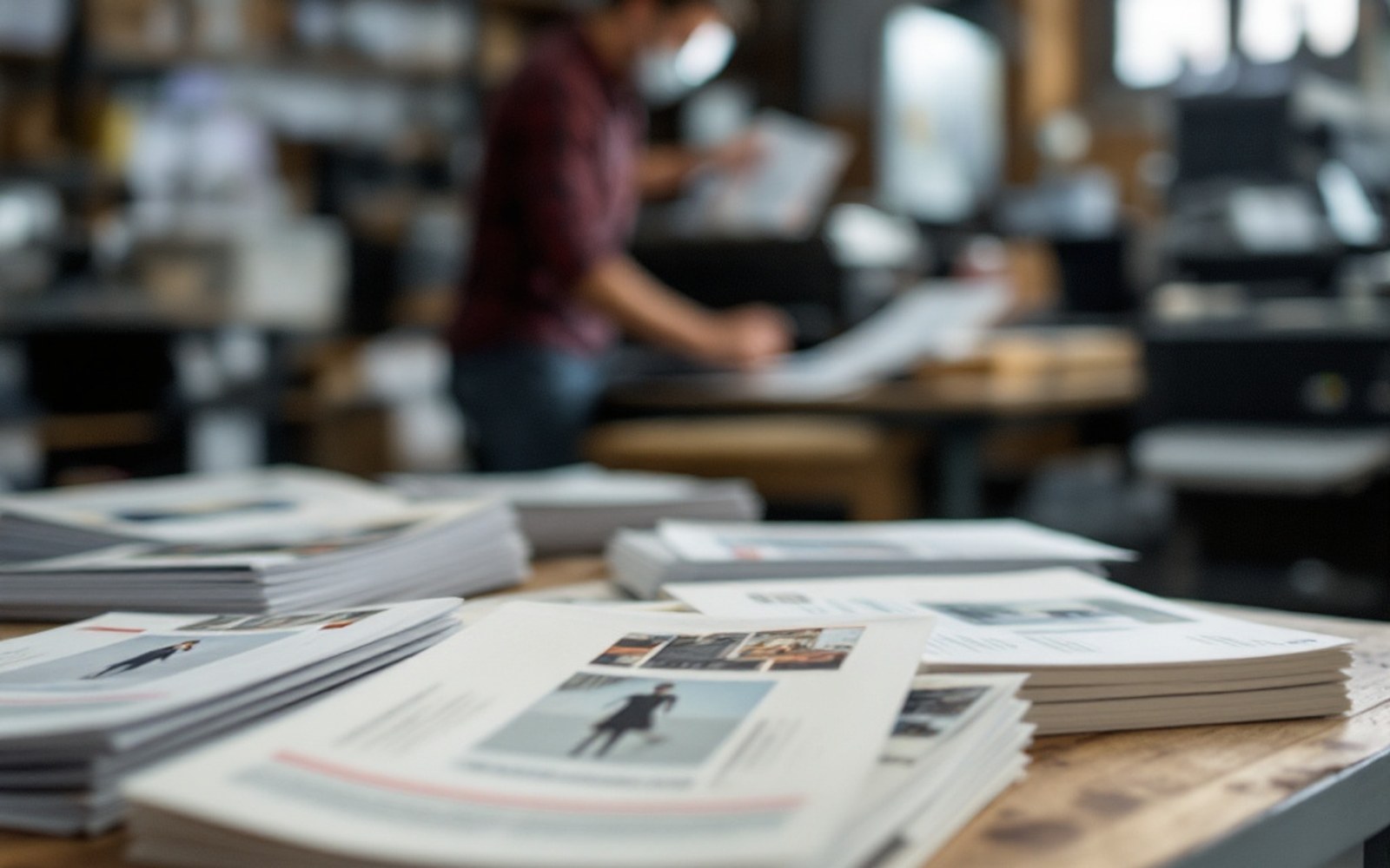 Several printed pamphlets of slightly different trim sizes fanned out on a table