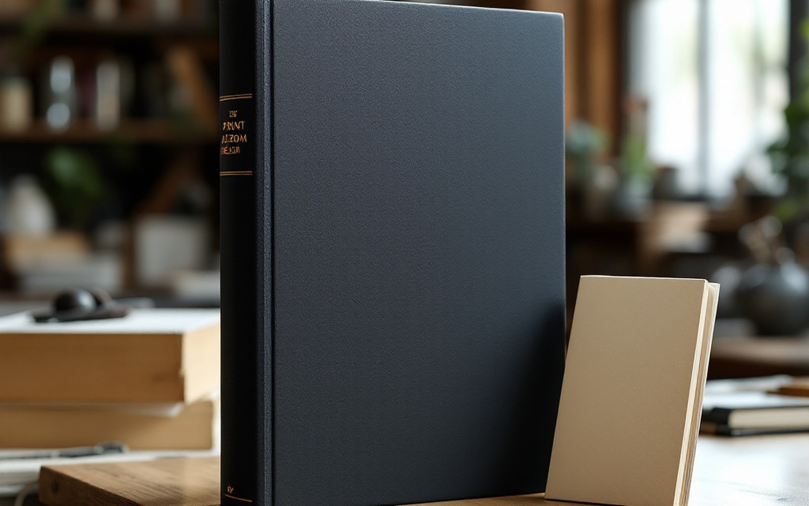 A large-format hardbound album standing upright beside a small stapled pamphlet for scale
