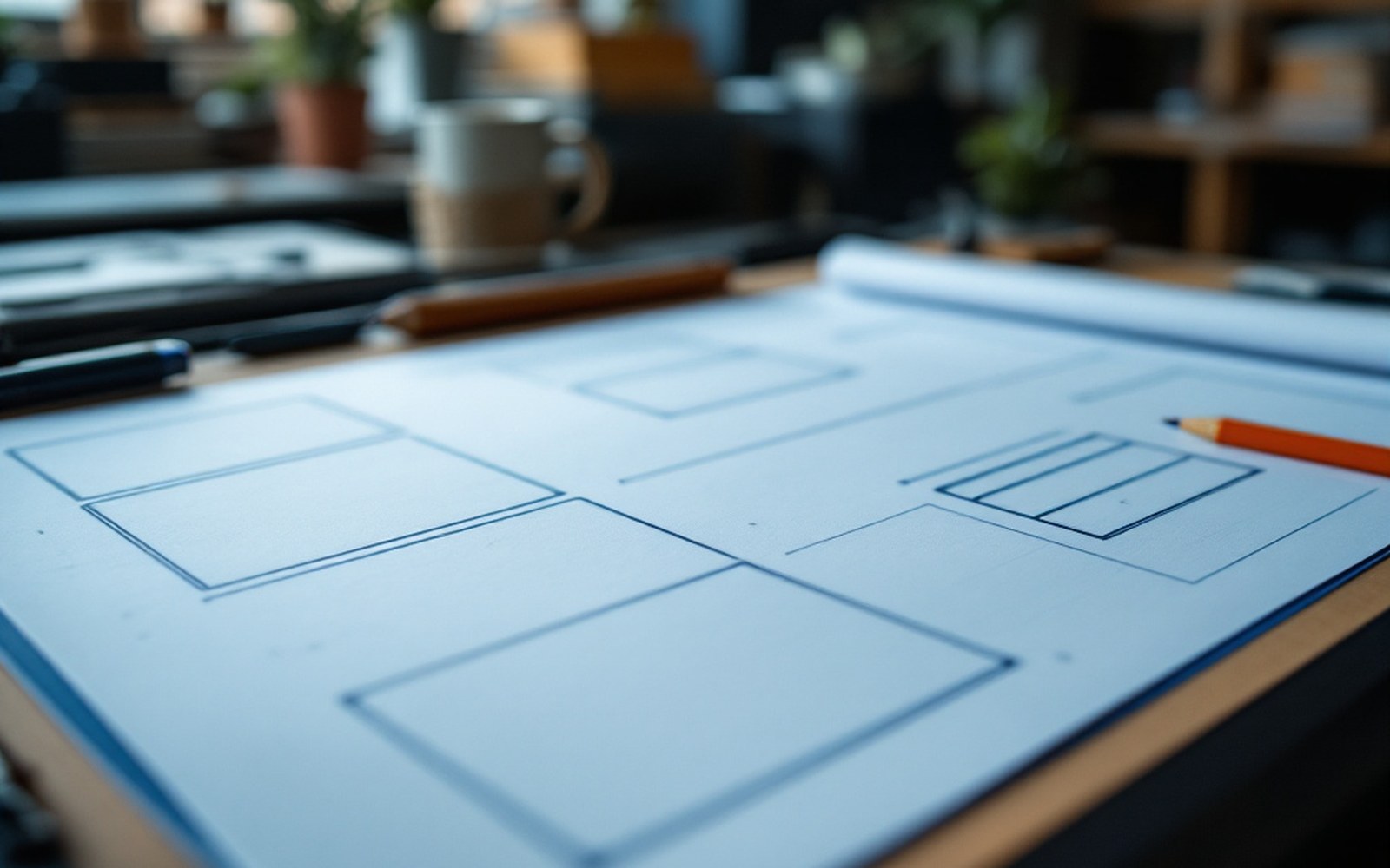 A blue-pencil ruled page layout with empty panel boxes on a drawing board